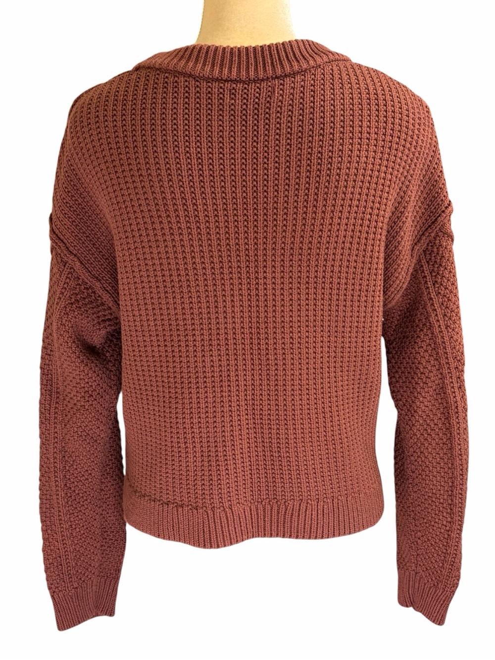 Quince 100% Organic Cotton Cropped Cable Crew Sweater in Medium Redwood Brown - Picture 3 of 11
